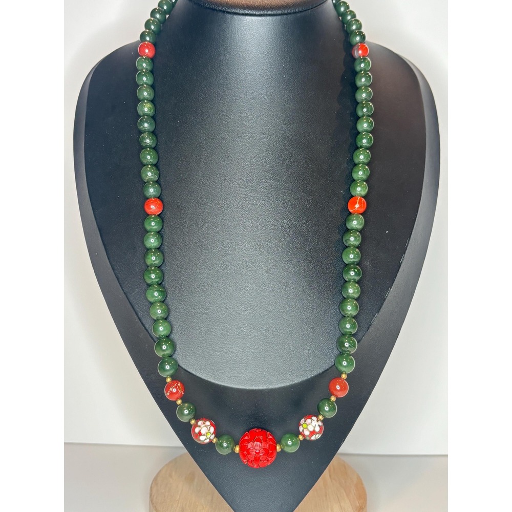 Vintage Nephrite Jade Bead Necklace Red Carved Floral Cloisonné 23"